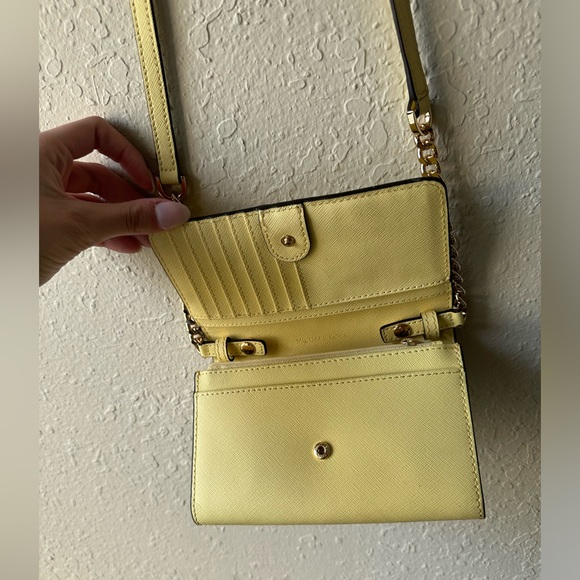 Michael Kors Bag Wallet On A Chain Jet Set Crossbody Yellow Leather Gold Chain - Picture 7 of 10